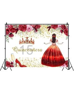 Laeacco 7x5ft 15th Quinceanera Photo Backdrop Red Dreamy Skirt Party Backdrop Rose Red Heel Photo Studio Props Royal Crown Photography Background Sweet Girl Princess Birthday Party Decorations