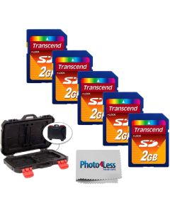 Transcend 2GB SD Secure Digital Memory Card TS2GSDC (5 Pack) + Vivitar Memory Card Hardcase (24 Card Slots) + Photo4Less Camera and Lens Cleaning Cloth  Deluxe Accessory Bundle