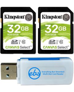 Kingston 32GB SD Memory Card (2 Pack) Canvas Select SDHC Card Class 10 UHS-1 (SDS/32GB) Bundle with (1) Everything But Stromboli SD & Micro Card Reader