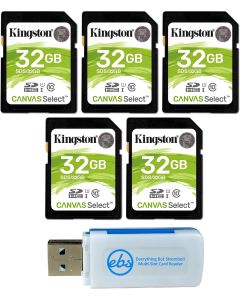 Kingston 32GB SD Memory Card (5 Pack) Canvas Select SDHC Card Class 10 UHS-1 (SDS/32GB) Bundle with (1) Everything But Stromboli SD & Micro Card Reader